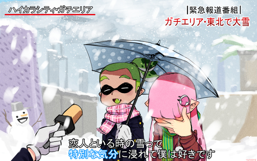 1girl bangs blunt_bangs blush closed_eyes coat facepalm fang gloves green_hair hair_ornament hairclip inkling interview meme microphone pink_hair pointy_ears pom_pom_(clothes) ponytail pot scarf shared_umbrella sidelocks smile snow snowman special_feeling_(meme) splatoon_(series) splatoon_1 taikodon tentacle_hair translation_request umbrella white_gloves