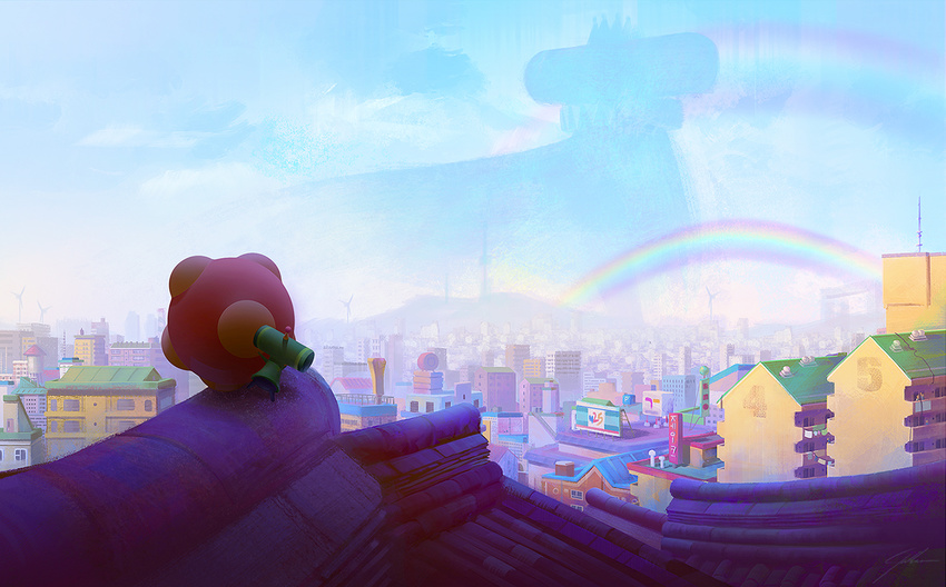 building city commentary crown day from_behind jake_kalbhenn katamari_damacy king_of_all_cosmos rainbow rooftop scenery silhouette sky the_prince windmill