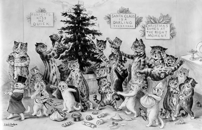age_difference ambiguous_gender ball biped black_fur black_pawpads bow_tie candle carrying christmas christmas_cracker christmas_tree clothed clothing cradling crown cub detailed_background digitigrade doll english_text eyes_closed featureless_crotch fur grey_fur greyscale group hat hi_res holding holidays leaf license_info louis_wain monochrome nude open_mouth pawpads piggyback public_domain semi-anthro size_difference smile standing star text top_hat toy tree undressing whiskers white_fur x young