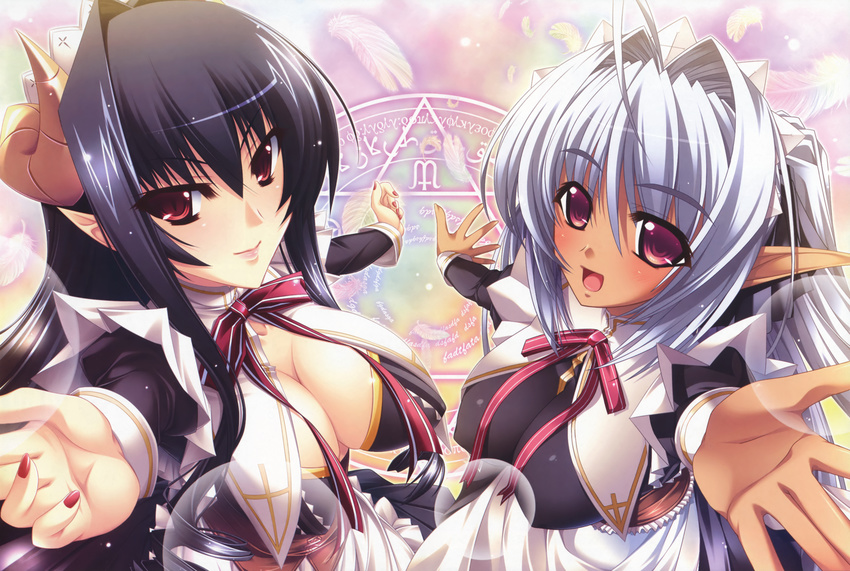 absurdres ahoge black_hair blush breasts cleavage dark_skin feathers hands highres horns large_breasts long_hair luiana_drawers magic_circle maid maid_headdress multiple_girls nail_polish outstretched_arm outstretched_hand pink_eyes pointy_ears reaching red_eyes red_nails ribbon sensia_lindorf silver_hair smile yatsuha_kanan zettai_maou