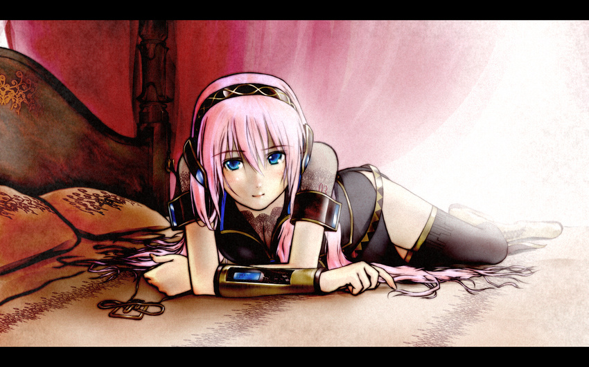 bed blue_eyes breasts cleavage come_hither eg. headphones highres long_hair lying medium_breasts megurine_luka on_stomach pillow pink_hair skirt smile solo thighhighs vocaloid wallpaper zettai_ryouiki