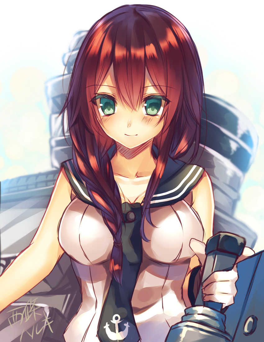 braid brown_hair gloves green_eyes highres kantai_collection long_hair machinery noshiro_(kantai_collection) saijou_haruki school_uniform smile solo