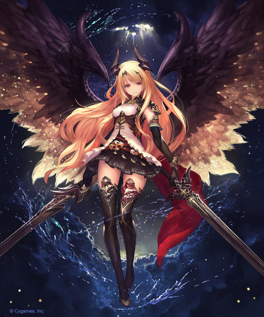 absurdres armor black_footwear black_legwear black_wings blonde_hair boots dark_angel_olivia dual_wielding full_body granblue_fantasy hairband highres holding horns long_hair pleated_skirt purple_eyes shingeki_no_bahamut sidelocks skirt solo sword tachikawa_mushimaro thigh_boots thighhighs very_long_hair watermark weapon wings zettai_ryouiki