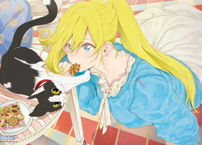 blonde_hair blue_eyes cat connie_christensen cookie earrings food hamada_kousuke hanebado! jewelry long_hair mouth_hold official_art ponytail