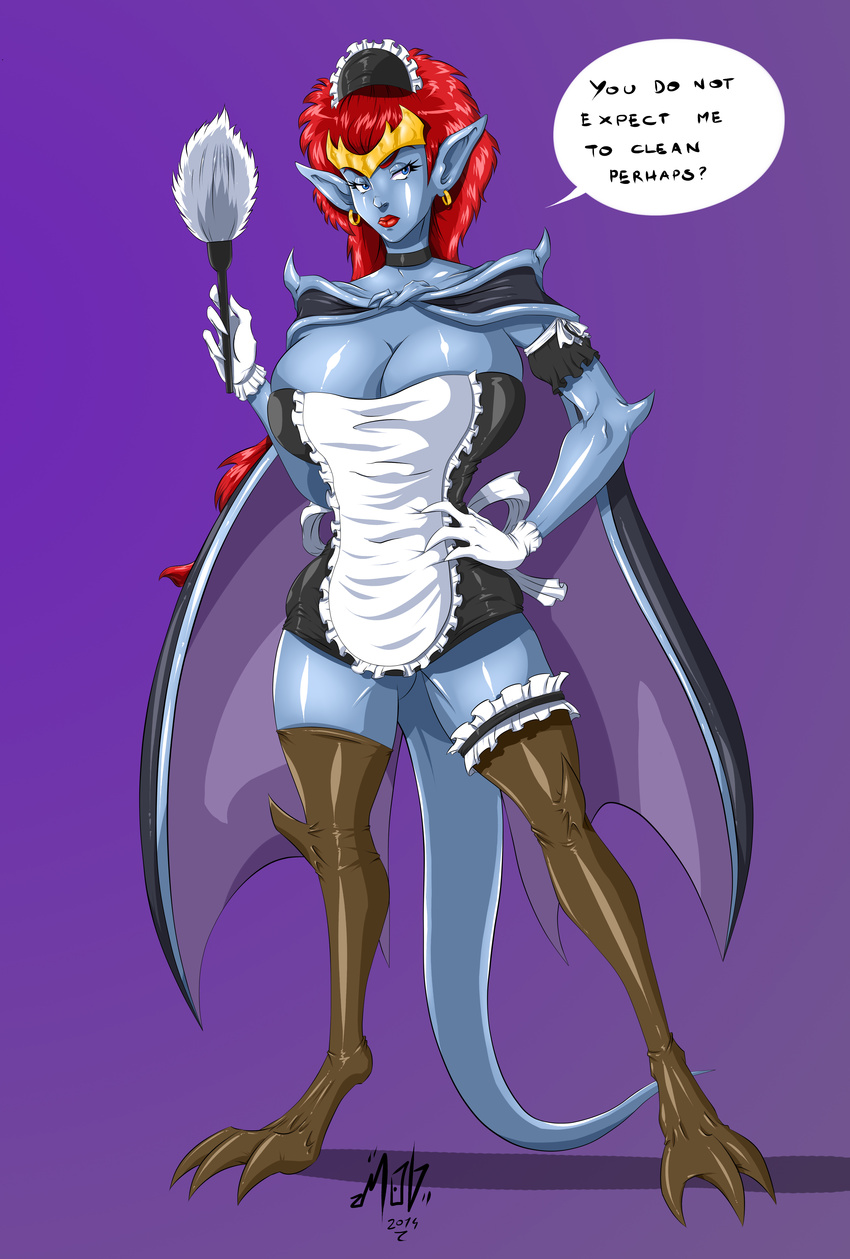 big_breasts blue_eyes blue_skin breasts claws cleavage clothed clothing demona ear_piercing female gargoyle gargoyles gloves hair lips maid maid_uniform piercing pointy_ears red_hair red_lips solo unknown_artist wings