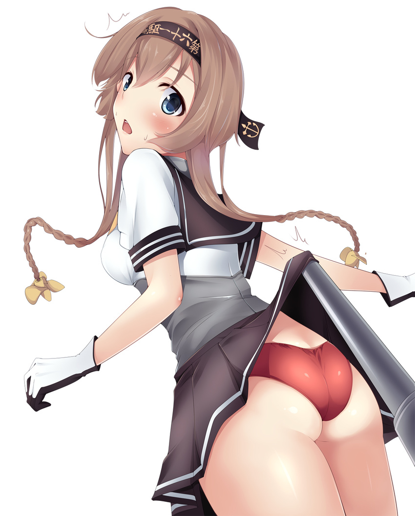 ass bad_id bad_pixiv_id blue_eyes blush braid brown_hair clothes_writing cowboy_shot from_behind gloves hair_ornament headband highres kantai_collection looking_back nksk open_mouth panties propeller propeller_hair_ornament red_panties sailor_collar simple_background skirt skirt_lift sweatdrop teruzuki_(kantai_collection) thighs twin_braids underwear white_background white_gloves