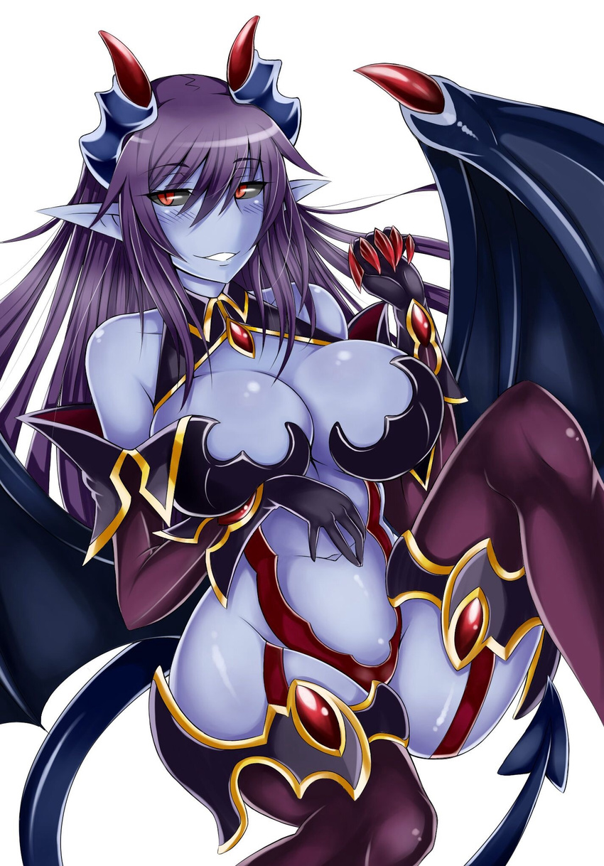 bare_shoulders black_hair black_sclera blue_skin breasts cleavage demon_(monster_girl_encyclopedia) demon_girl demon_tail elbow_gloves gloves highres horns large_breasts long_hair monster_girl monster_girl_encyclopedia navel no_nose pointy_ears red_eyes sanmotogoroo slit_pupils smile solo succubus tail thighhighs wings