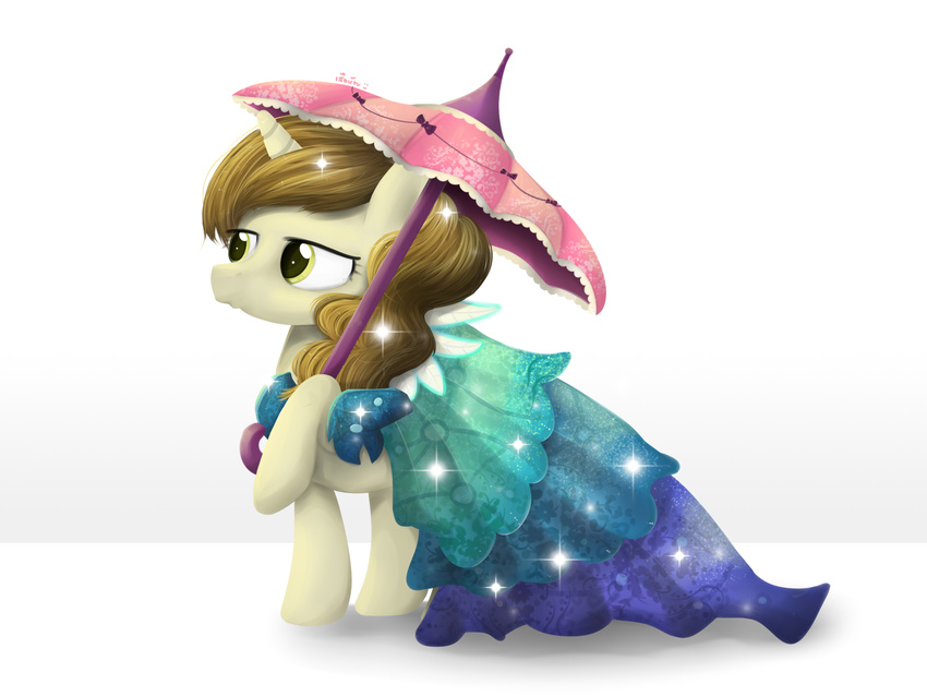 2015 blackligerth brown_hair clothed clothing colorful cute design digital_media_(artwork) dress equine female feral fur hair hi_res horn horse mammal my_little_pony painting pose simple_background sparkles tan_fur umbrella unicorn white_background white_sclera yellow_eyes