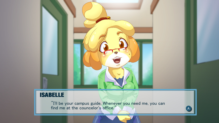 animal_crossing bell black_nose breasts clothed clothing english_text eyewear fake_screenshot female glasses hair isabelle_(animal_crossing) lil-heartache looking_at_viewer nintendo open_mouth school solo text tongue video_games