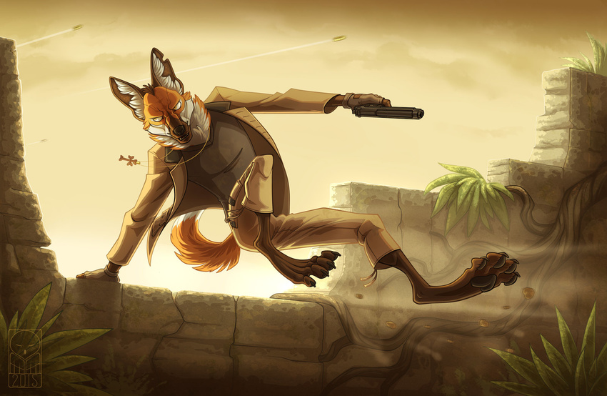 anthro canine clothed clothing cross detailed_background ears_up fingerless_gloves gloves gun jumping male mammal maned_wolf ranged_weapon sawolf151 solo thetundraghost vines wall weapon
