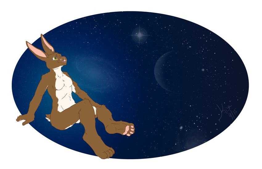 2015 anthro brown_fur detailed_background female fur galaxy kisaofthesnow lagomorph lena mammal multicolored_fur open_mouth outer_space pawpads planet rabbit sitting sky smile solo star two_tone_fur white_border white_fur white_sclera yellow_eyes
