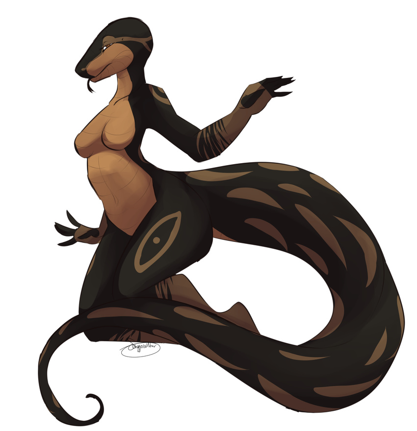 2015 anthro big_butt black_scales black_tongue breasts brown_eyes brown_markings brown_scales butt featureless_breasts female forked_tongue hi_res kneeling long_tail looking_at_viewer multicolored_scales navel non-mammal_breasts rashii reptile scales scalie signature simple_background snake songgoishtar thick_thighs tongue tongue_out two_tone_scales white_background