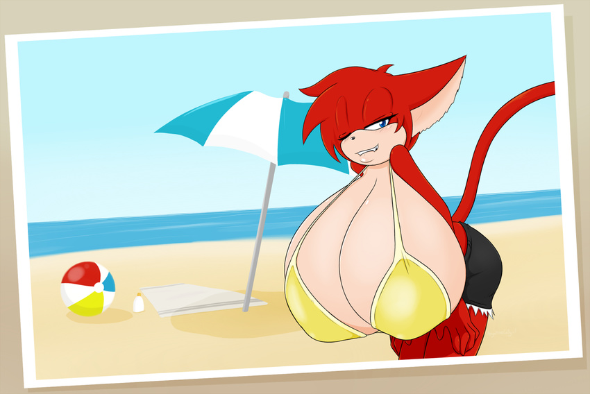 angelthecatgirl anthro beach beach_ball big_breasts bikini blue_eyes border breasts cat cleavage clothed clothing feline female fur huge_breasts hyper hyper_breasts mammal one_eye_closed outside red_fur seaside solo swimsuit towel umbrella