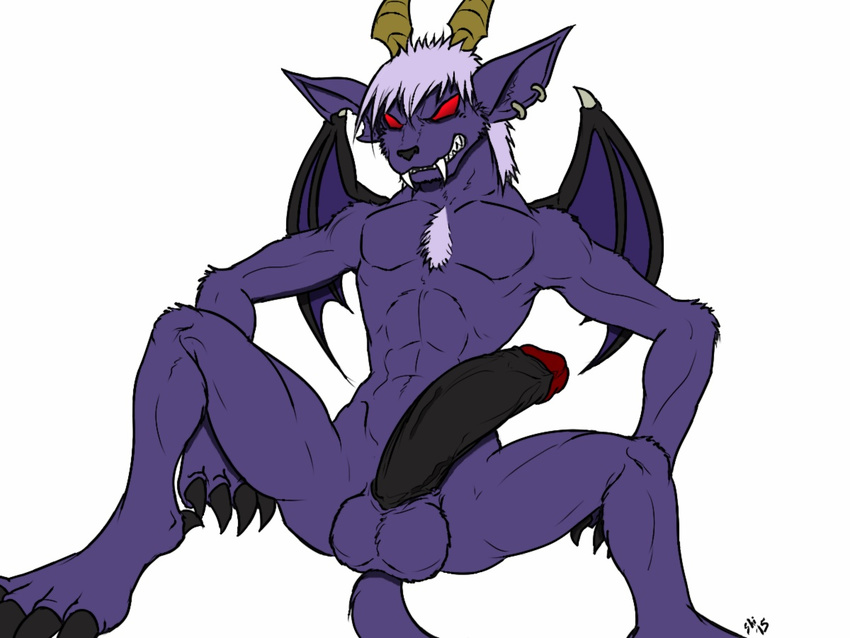 2015 abs angry balls big_penis black_penis buwaro_elexion chest_tuft claws clenched_teeth fur horn male muscular necklace nude pendant penis piercing purple_fur red_eyes simple_background slightly_damned spread_legs spreading teeth tuft webcomic white_background wings yellowpower