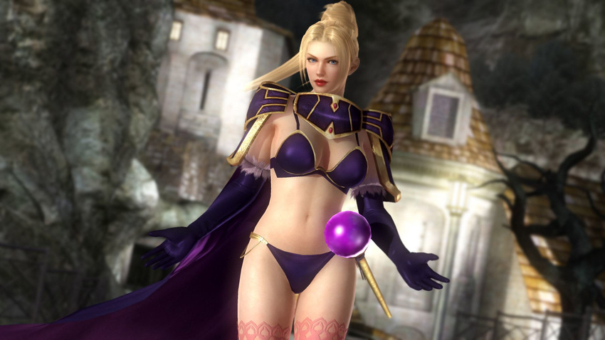 1girl 3d blonde_hair brandish breasts dead_or_alive dead_or_alive_5 dela_delon dela_delon_(cosplay) female large_breasts midriff ninja_gaiden official_art rachel_(ninja_gaiden) solo tecmo