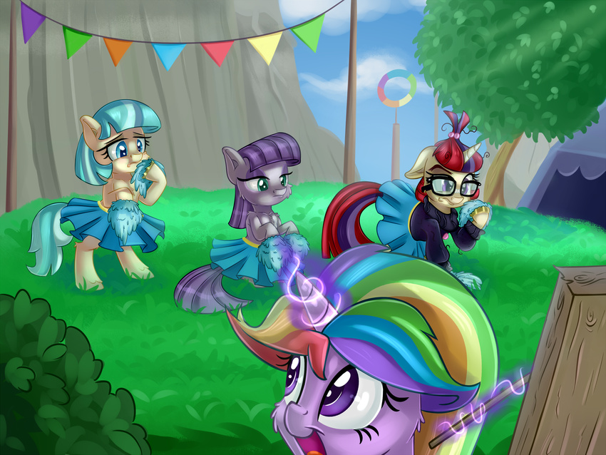 2015 blue_eyes cheerleader clothed clothing coco_pommel_(mlp) equine eyewear female friendship_is_magic glasses glowing green_eyes group hair half-dressed horn horse levitation magic mammal maud_pie_(mlp) moondancer_(mlp) multicolored_hair my_little_pony open_mouth outside pom_poms pony purple_eyes rainbow_hair skirt sweater thediscorded topless twilight_sparkle_(mlp) unicorn winged_unicorn wings