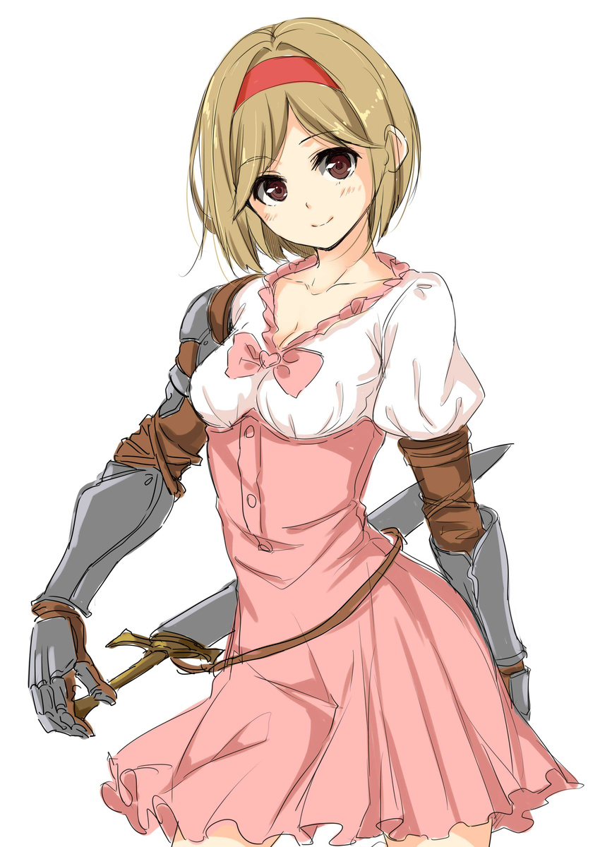 absurdres blonde_hair blush bow breasts cleavage collarbone djeeta_(granblue_fantasy) dress fighter_(granblue_fantasy) gauntlets granblue_fantasy hair_intakes hairband hand_on_hilt heart highres looking_at_viewer medium_breasts pink_bow pink_dress pink_hairband puffy_short_sleeves puffy_sleeves red_eyes short_hair short_sleeves shoulder_pads simple_background smile solo sword unasaka_ryou underbust weapon white_background