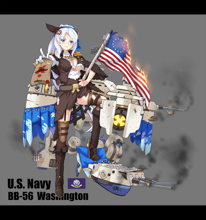 america american_flag anger_vein breasts burning character_name epaulettes fire flag full_body garter_straps glowing grey_background gun highres large_breasts letterboxed military military_uniform military_vehicle official_art personification rigging ship simple_background sirills smile smoke solo star torn_clothes turret underboob uniform uss_washington_(bb-56) warship washington_(zhan_jian_shao_nyu) watercraft weapon zhan_jian_shao_nyu
