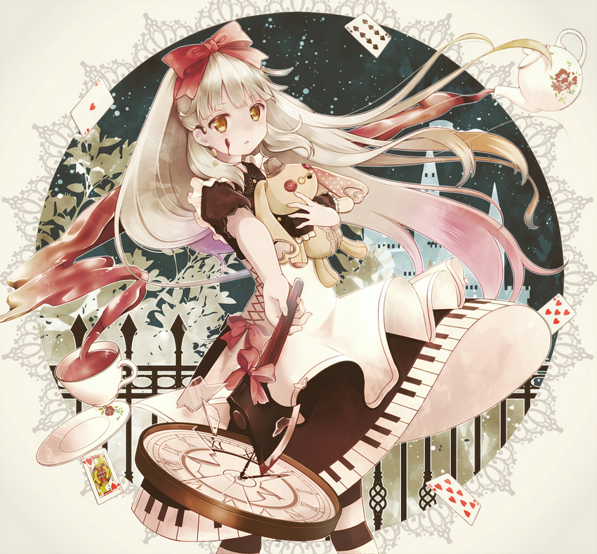 axe bangs blonde_hair blood blood_on_face blunt_bangs blush bow broken_glass card castle clock cowboy_shot cup dress edamame_888 glass hair_bow holding holding_stuffed_animal holding_weapon liquid long_hair looking_at_viewer mayu_(vocaloid) multicolored_hair night night_sky open_mouth piano_keys pink_hair purple_hair roman_numerals sky snowing solo striped striped_legwear stuffed_animal stuffed_bunny stuffed_toy tea_set teapot tray usano_mimi vocaloid weapon white_hair yellow_eyes