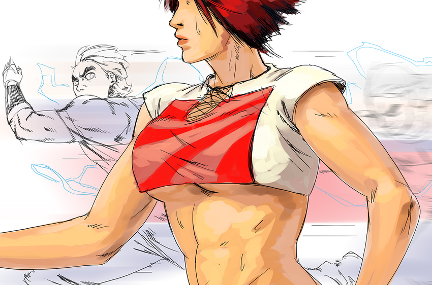 breasts crop_top dead_or_alive dead_or_alive_5 diepod head_out_of_frame large_breasts midriff mila_(doa) no_bra red_hair running short_hair solo_focus sweat underboob