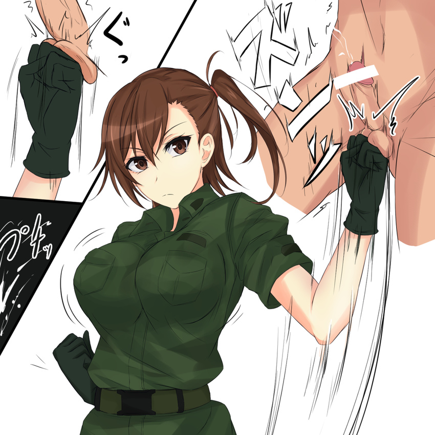 1girl bdsm black_gloves breasts brown_eyes brown_hair camouflage clothed_female_nude_male cum ejaculation gate_-_jieitai_ka_no_chi_nite_kaku_tatakaeri gloves hetero highres kuribayashi_shino large_breasts military military_uniform nude penis piro_(iiiiiiiiii) punching short_hair side_ponytail speed_lines testicles uniform