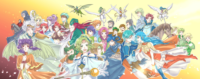 6+girls amelia_(fire_emblem) aqua_hair armor artur bare_shoulders bat_wings beard black_hair blonde_hair blue_eyes blue_hair brown_gloves brown_hair character_request coma_(fire_emblem) cormag dozla dragon duessel eirika ephraim ewan_(fire_emblem) facial_hair fingerless_gloves fire_emblem fire_emblem:_seima_no_kouseki forde franz_(fire_emblem) garcia_(fire_emblem) gerik gilliam_(fire_emblem) gloves green_eyes green_hair hat headband highres innes joshua_(fire_emblem) kaboplus_ko knoll kyle_(fire_emblem) l'arachel long_hair lute_(fire_emblem) mamkute marica_(fire_emblem) midriff moulder multiple_boys multiple_girls myrrh natasha_(fire_emblem) neimi pegasus ponytail profile purple_hair red_eyes rennac riding ross saleh_(fire_emblem) seth_(fire_emblem) short_hair silver_hair syrene tana tethys vanessa_(fire_emblem) white_gloves wings