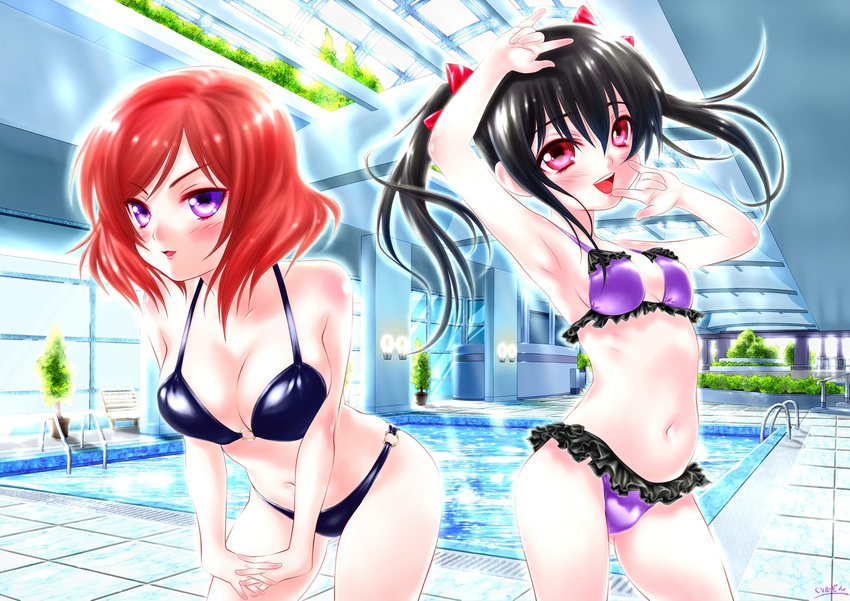 bikini black_hair breasts cleavage highres indoors kurimuzon large_breasts love_live! love_live!_school_idol_project multiple_girls nishikino_maki o-ring o-ring_bottom o-ring_top pool purple_eyes red_eyes red_hair short_hair small_breasts swimsuit twintails yazawa_nico