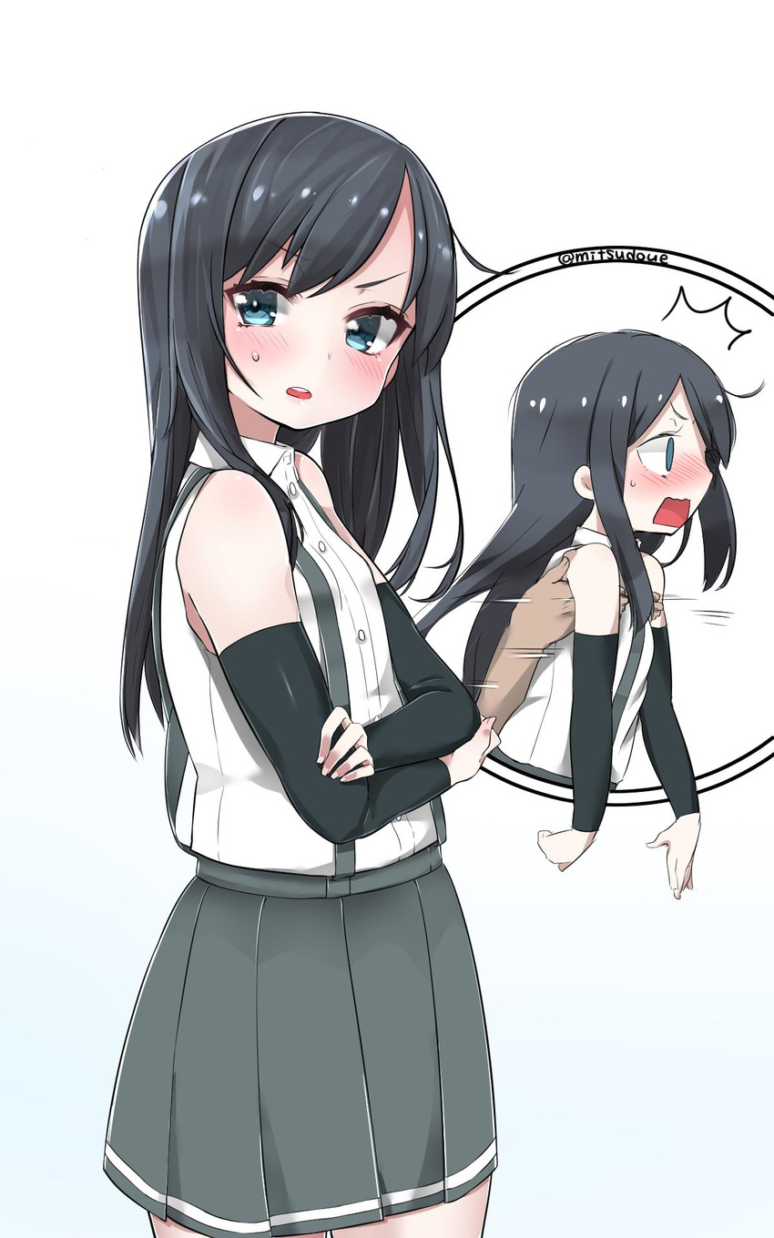 1girl adapted_costume arm_warmers asashio_(kantai_collection) bad_id bad_twitter_id bare_shoulders black_hair blue_eyes blush commentary_request crossed_arms highres inactive_account kantai_collection long_hair mitsudoue pleated_skirt school_uniform skirt sleeveless suspenders sweatdrop