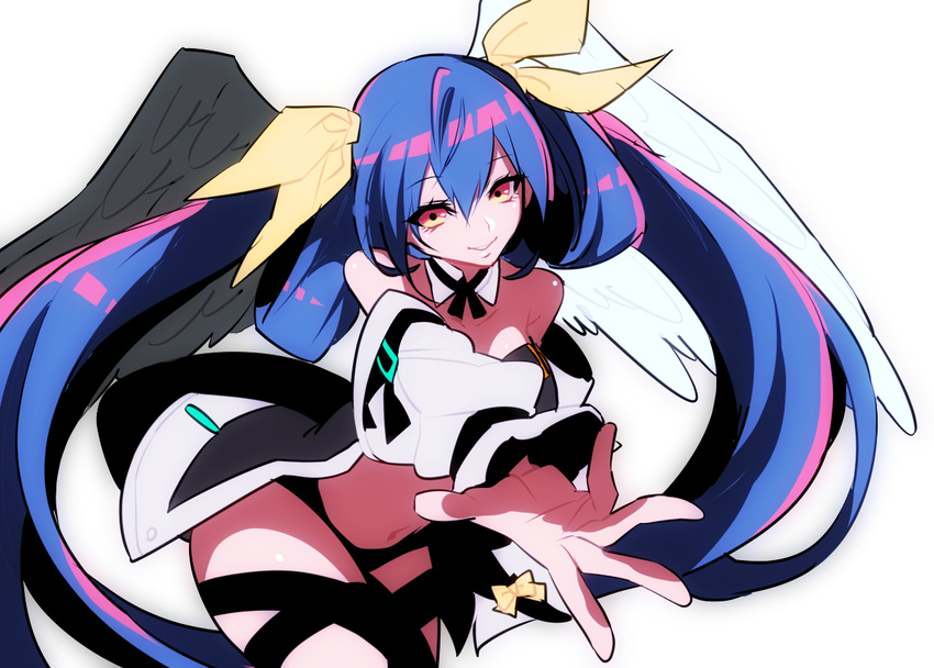 bad_id bad_pixiv_id bare_shoulders blue_hair collarbone cowboy_shot detached_sleeves dizzy grey_wings guilty_gear hair_ribbon hohehohe long_hair looking_at_viewer navel orange_eyes outstretched_hand reaching ribbon simple_background smile solo twintails very_long_hair white_background white_wings wings