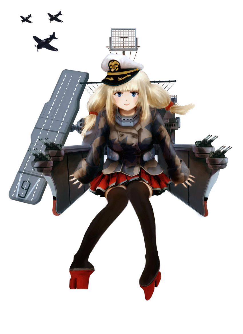 absurdres aircraft aircraft_carrier airplane america blonde_hair blue_eyes flight_deck hat highres jin_ho_park kantai_collection long_sleeves looking_at_viewer mecha_musume military military_uniform military_vehicle original personification platform_footwear platform_heels ship solo uniform uss_enterprise_(cv-6) warship watercraft