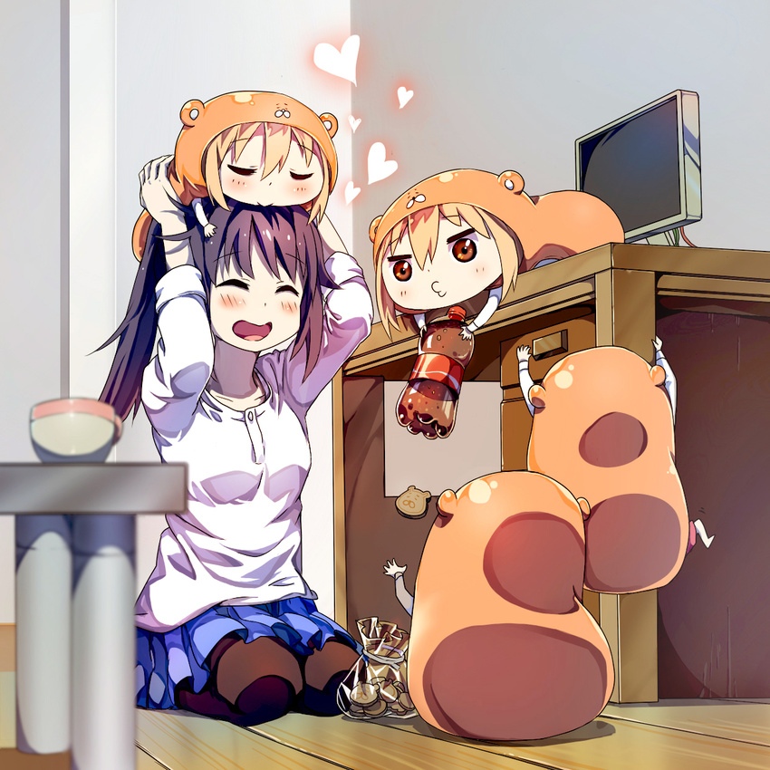 black_legwear blonde_hair blush chibi climbing clone cola cookie doma_umaru food hamster_costume heart highres himouto!_umaru-chan hood indoors komaru long_hair motoba_kirie multiple_girls nanakatamari o3o on_head open_mouth pantyhose person_on_head ponytail purple_hair skirt smile too_many