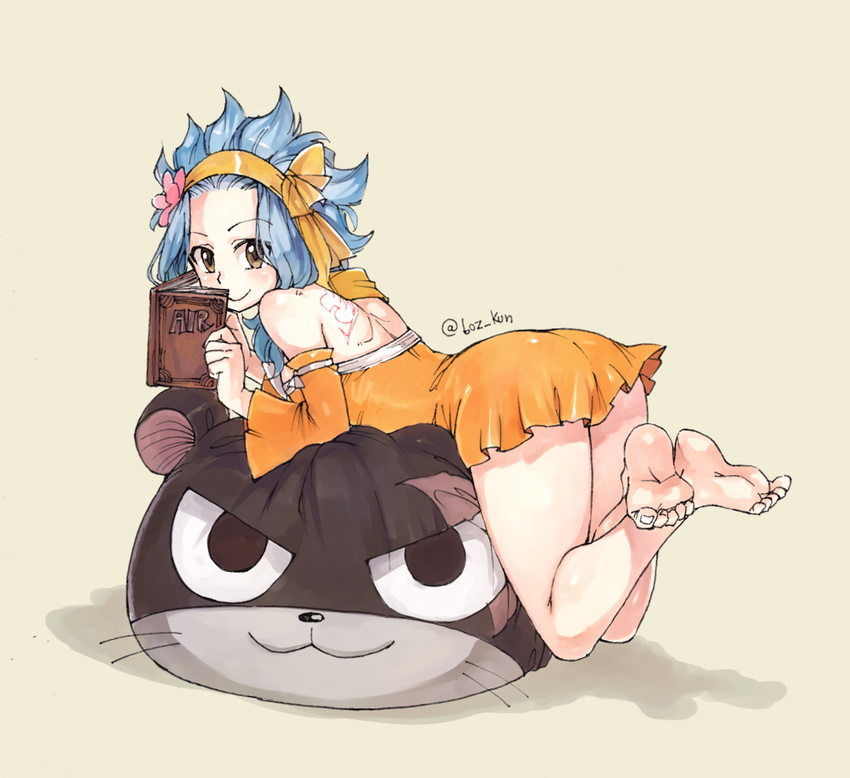 ass bare_shoulders barefoot bean_bag_chair blue_hair book detached_sleeves dress fairy_tail feet flower forehead full_body hair_flower hair_ornament hairband levy_mcgarden looking_at_viewer looking_back open_book pantherlily rusky smile solo tattoo toe_scrunch