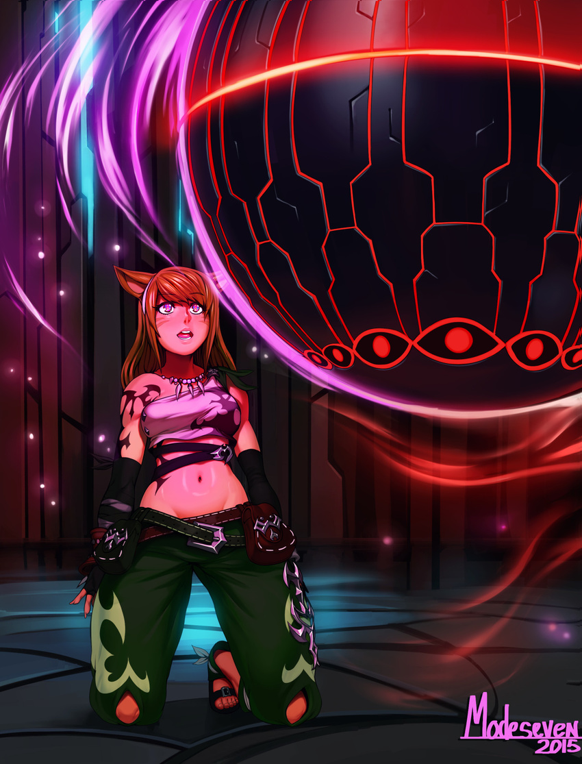 1girl animal_ears bare_shoulders boots breasts brown_hair cat_ears elbow_gloves final_fantasy final_fantasy_xiv fingerless_gloves gloves highres hypnosis jewelry kneeling long_hair lowleg lowleg_pants midriff mind_control miqo'te miqo'te multiple_belts navel necklace neon_trim nitrotitan orb original pants parted_lips pearl_necklace single_strap solo tank_top tattoo toeless_boots toes wide_hips