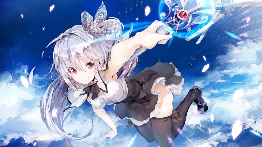 black_legwear blue_sky cloud day dress hair_ribbon highres looking_at_viewer mary_janes original outdoors pink_eyes ribbon shoes silver_hair sky smile solo staff thighhighs yuugen