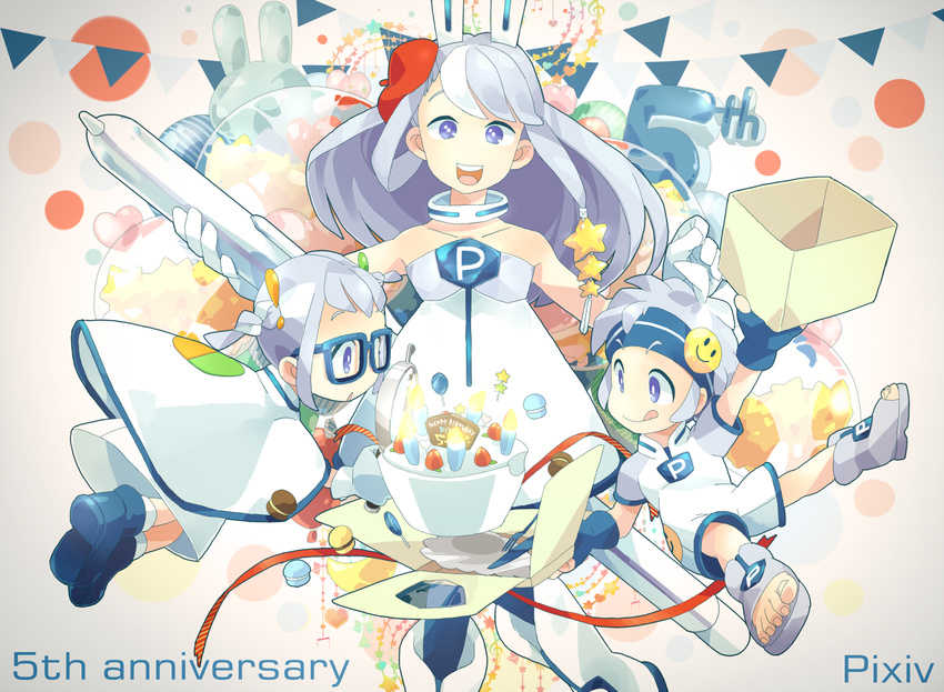 2girls anniversary birthday_cake cake food glasses lavender_hair long_hair mascot midori_kuma multiple_girls personification pixiv pixiv-tan purple_eyes purple_hair stylus