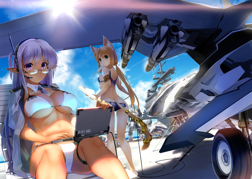 aircraft aircraft_carrier airplane animal_ears bikini blonde_hair breasts cloud dark_skin day elf glasses green_eyes jet kiryuu_takahisa large_breasts lavender_hair long_hair looking_back mecha military military_vehicle multiple_girls navel original pointy_ears purple_eyes rocket ship sky standing swimsuit tail uniform warship watercraft