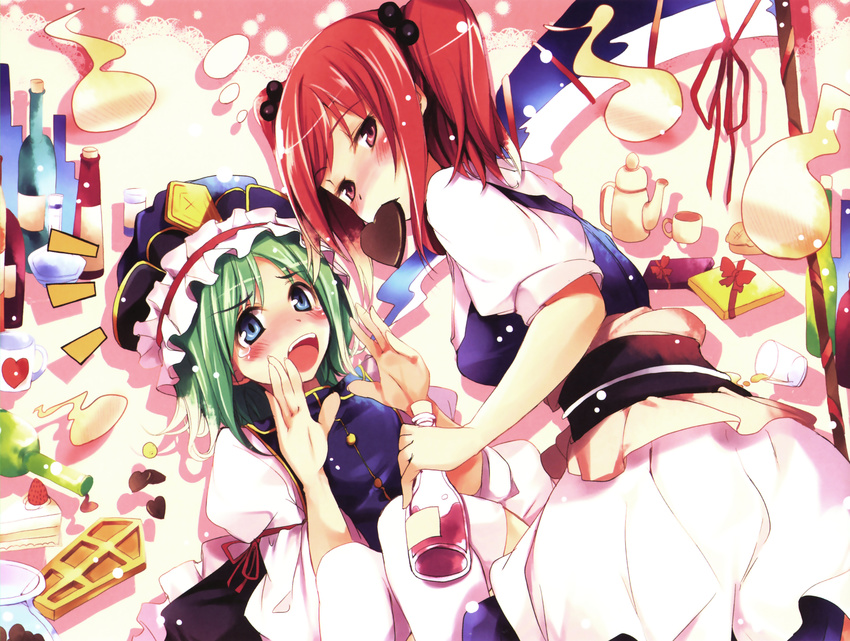 absurdres blue_eyes blush cake chocolate chocolate_heart cup embarrassed eyebrows eyebrows_visible_through_hair food fruit gift green_hair hair_bobbles hair_ornament hamayumiba_sou hat heart highres multiple_girls onozuka_komachi open_mouth pastry red_eyes red_hair ribbon scythe shiki_eiki short_hair short_sleeves strawberry teacup teapot tears touhou two_side_up yuri