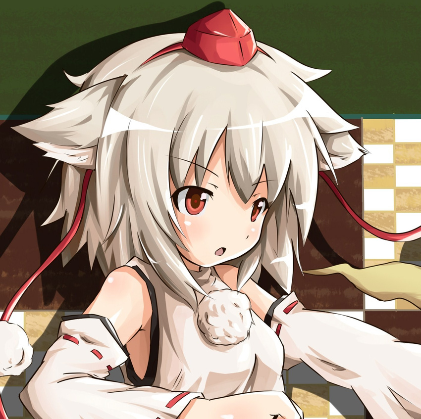 animal_ears cropped detached_sleeves frown hat highres inubashiri_momiji rariemonn red_eyes solo tokin_hat touhou white_hair wolf_ears