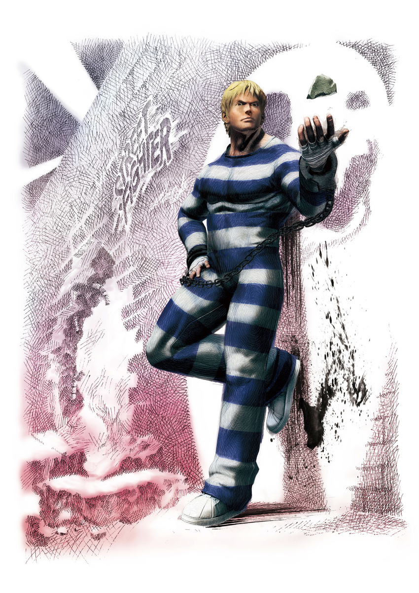 blonde_hair chain cody_travers highres ikeno_daigo male_focus official_art prison_clothes rock solo street_fighter street_fighter_iv_(series) wall