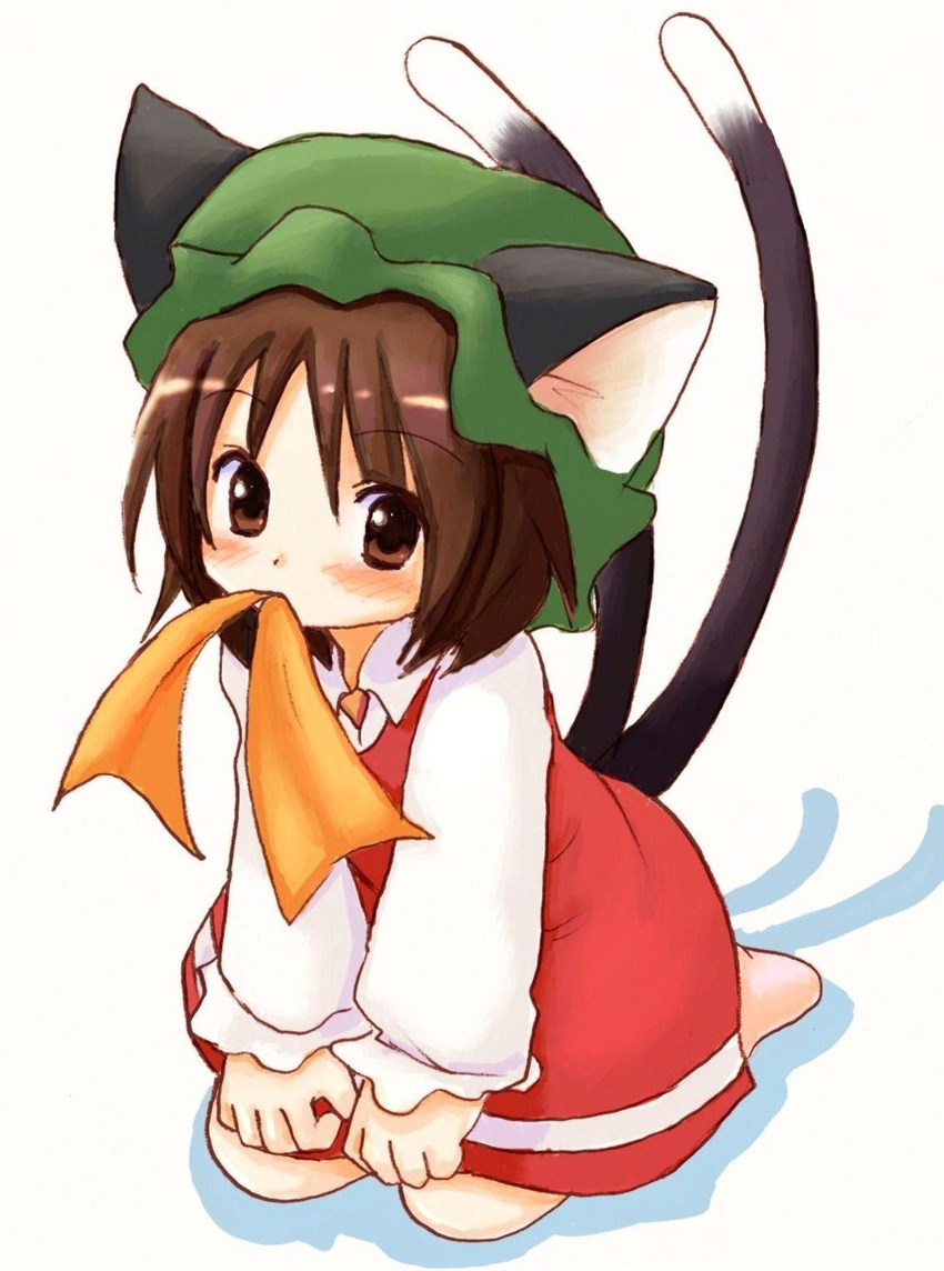animal_ears barefoot blush brown_eyes cat_ears cat_tail chen eijima_moko hat highres kneeling mouth_hold multiple_tails short_hair solo tail touhou
