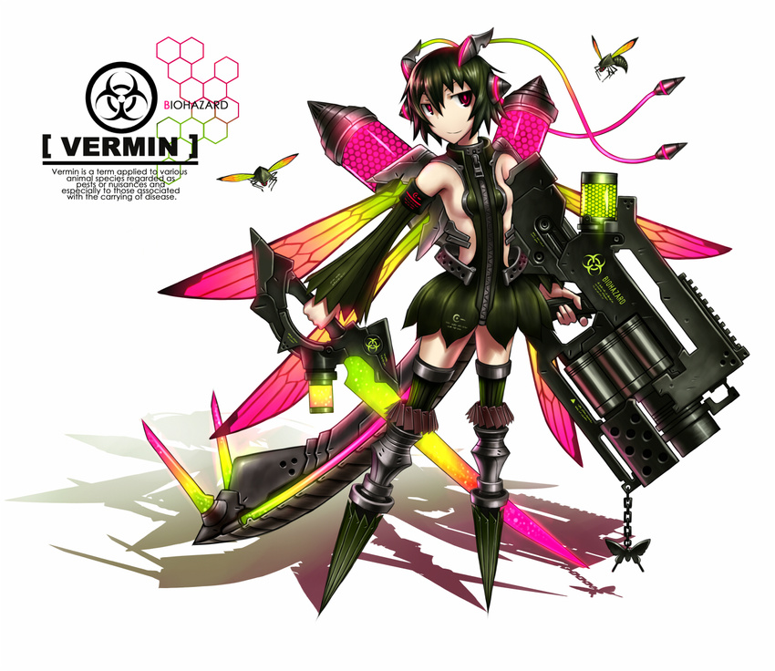antennae armor biohazard_symbol breasts bug chain cyborg detached_sleeves dress dual_wielding gia glowing green_hair gun hair_ornament holding huge_weapon insect insect_wings medium_breasts original personification pink_eyes robotic_legs shadow short_hair sideboob simple_background smile solo sword tail thighhighs weapon wings zipper