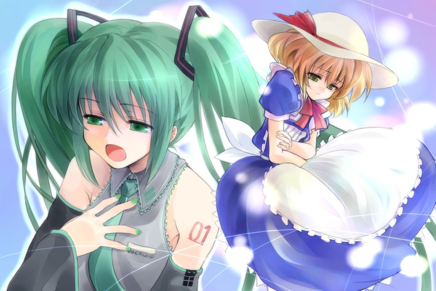 apron blonde_hair bow crossover detached_sleeves green_eyes green_hair hara_takehito hat hatsune_miku headphones kana_anaberal long_hair multiple_girls music necktie singing source_request touhou touhou_(pc-98) twintails vocaloid yellow_eyes