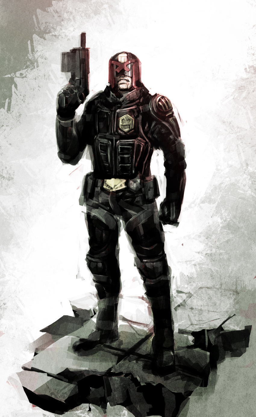 2000_ad armor badge boots cyberpunk damaged dredd floor gloves grin gun handgun helmet highres judge judge_dredd judge_dredd_(movie) lawgiver male_focus naratani police police_badge police_uniform policeman realistic science_fiction smile solo uniform vest weapon