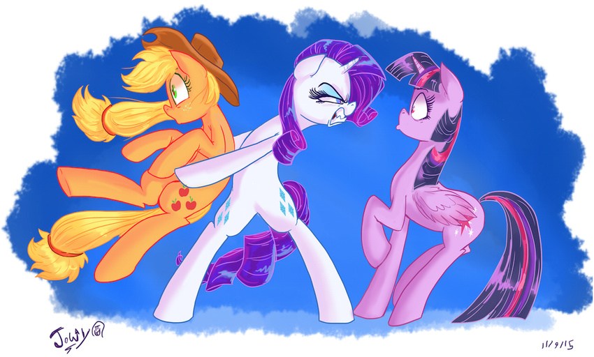 applejack_(mlp) blue_eyes cutie_mark defensive equine female friendship_is_magic green_eyes group holding horn horse jowybean mammal my_little_pony pony rarity_(mlp) sharp_teeth teeth twilight_sparkle_(mlp) unicorn winged_unicorn wings