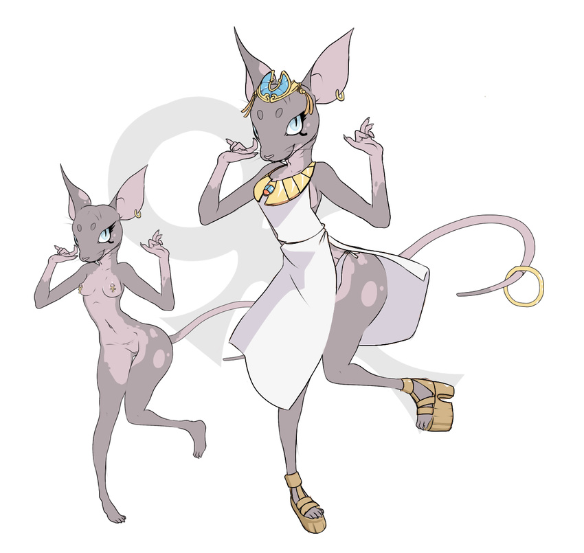 ankh anthro big_ears breasts claws clothed clothing crown ear_piercing egyptian eyelashes fangs feline female mammal nipple_piercing nipples nude panties piercing platform_shoes pussy simple_background slit_pupils solo sphynx tyrranaxh underwear whiskers white_background wide_hips