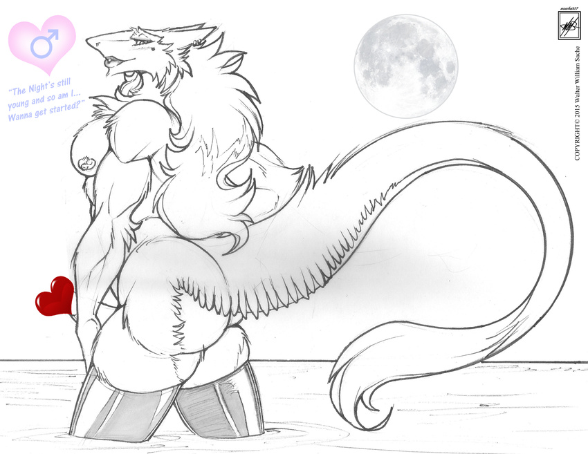 &lt;3 2015 anthro beauty_mark big_butt big_lips blush butt censored clothing crossdressing erection eyeshadow girly hair legwear lipstick long_hair looking_at_viewer makeup male monochrome moon muscular nipples partially_submerged pecs penis sergal side_view sketch smile solo thick_thighs thigh_highs walter_sache water ♂