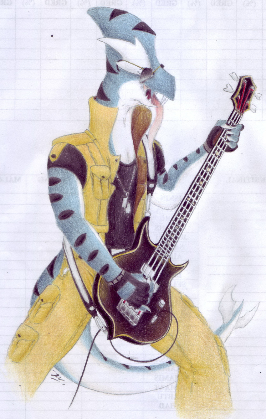 anthro avian banded_shadow_lugia bass_guitar black_scales black_stripes blue_scales caleb_magness clothing eyewear fangs fingerless_gloves gloves guitar legendary_pok&eacute;mon long_tongue multicolored_scales musical_instrument nintendo open_mouth pok&eacute;mon scales scalie sharp_teeth simple_background stripes sunglasses teeth tongue tongue_out video_games vincent_vagia white_background white_scales