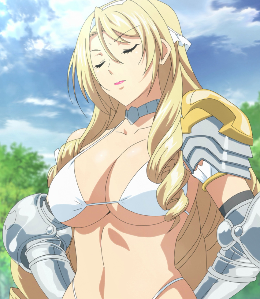 1girl bikini bikini_warriors blonde_hair bra breasts cleavage eyes_closed female highres large_breasts long_hair paladin_(bikini_warriors) solo standing stitched swimsuit underboob underwear white_bra