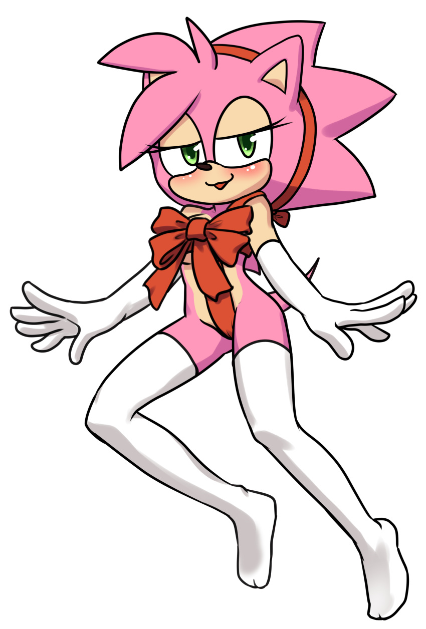 2018 absurd_res amy_rose anthro armwear bedroom_eyes blush bow_ribbon christmas clothed clothing elbow_gloves eulipotyphlan female gift_wrapped gloves green_eyes hairband half-closed_eyes hedgehog hi_res holidays legwear mammal open_mouth open_smile pose ribbons rosy_the_rascal seductive simple_background skimpy smile solo sonic_(series) sparkydb thigh_highs white_background