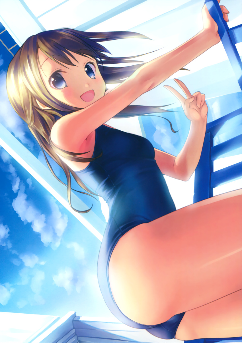 :d absurdres ass brown_hair cloud day highres looking_at_viewer one-piece_swimsuit open_mouth original school_swimsuit sky smile solo swimsuit takoyaki_(roast) v